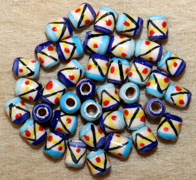 25 handbemalte Peru Keramik Perlen, 6mm Walze Zylinder blau bunt Perle Basteln