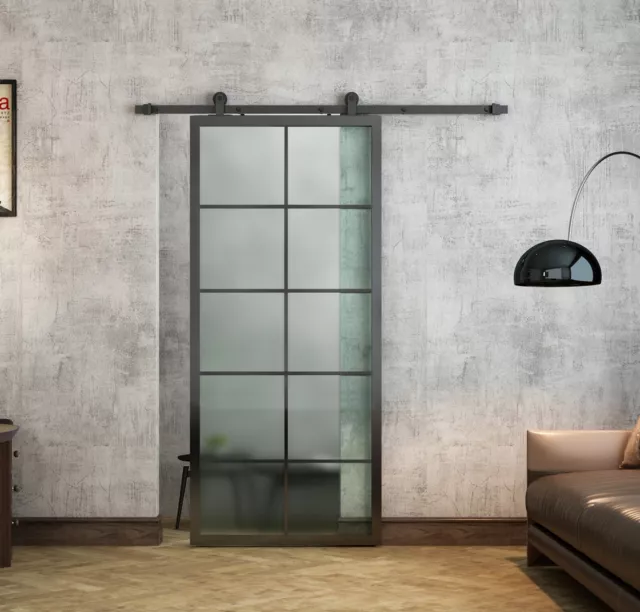 DIYHD Black Aluminum Frame Glass Sliding Barn Door Slab