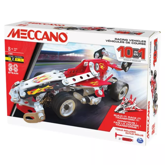 Meccano, 10-in-1 Racing Vehicles STEM Model Building Kit with 225 Parts - New!