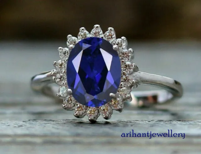 3CT Oval Cut Real Blue Sapphire Wedding Flower Ring Gift 14K White Gold Finish