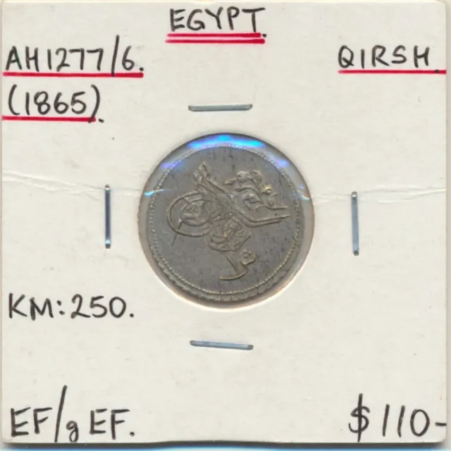 Egypt: AH1277/6 (1865) Abdul Aziz Silver Qirsh KM-250 Nice Grade