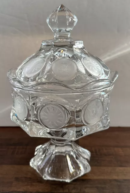 Vintage Fostoria Clear Glass Coin  Pedestal Candy Dish & Lid - Eagle And Torch