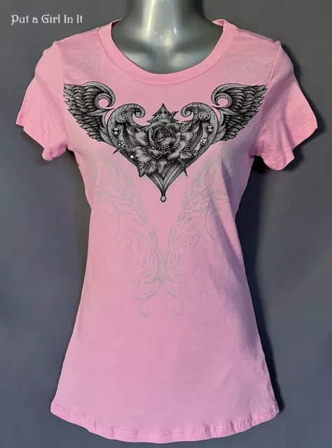 New VOCAL Womens CRYSTAL BARBIE PINK ANGEL WINGS ROSE OLD SCHOOL T SHIRT S M L