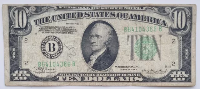 1934 A Ten Dollar Federal Reserve Note $10 Bill Circulated #65557