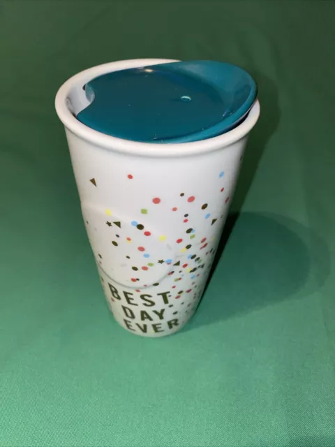 Starbucks "Best Day Ever" Confetti Ceramic Traveler Tumbler Coffee Mug With Lid