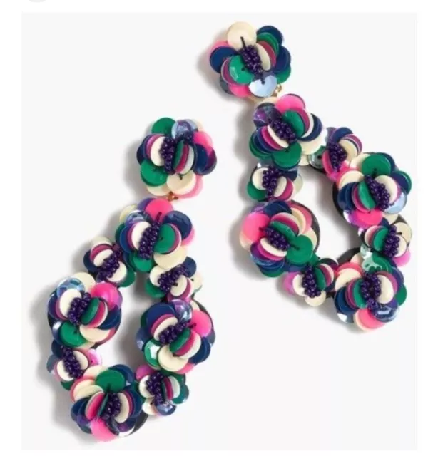 J Crew Beaded Sequin Wreath Drop Multicolor Statement Leather Back Earrings