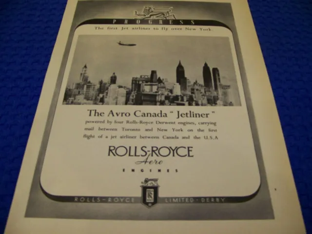 Avro Canada Jetliner "Rolls-Royce Dewert Engines" .. 1-Page Sales Ad (849Hh)