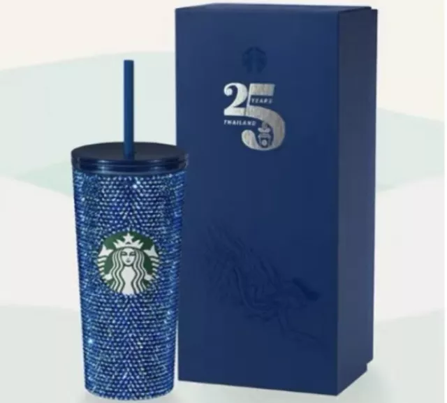 Starbucks 2023 New Thailand Bling Rhinestone Blue Cold Cup Tumbler Gift Box 16oz
