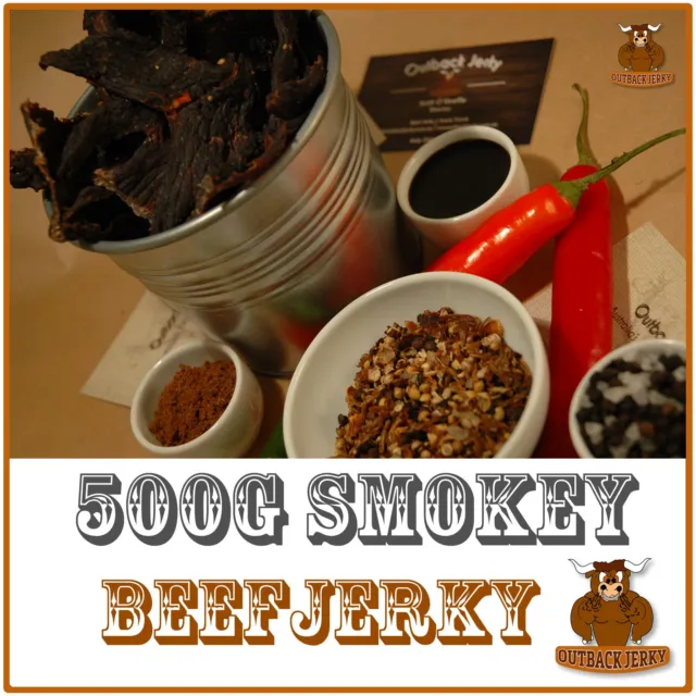 BEEF JERKY SMOKEY 500G Hi PROTEIN LOW CARBOHYDRATE PRESERVATIVE FREE SNACK