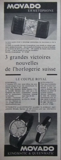 Publicité De Presse 1956 Montre Movado Ermetophone Kingmatic & Queenmatic