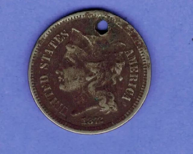 1873 3C Three Cent Nickel piece us type coin HOLED 7562