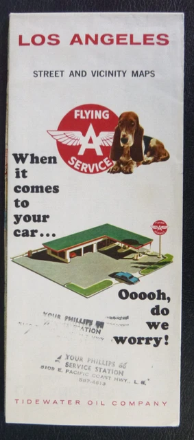 1966 Los Angeles street road map Flying A Tidewater oil gas California