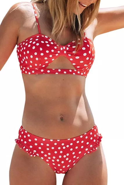 NWT $40 SIZE LARGE RED & WHITE CUPSHE Women's Red Polka Dot Bikini Set