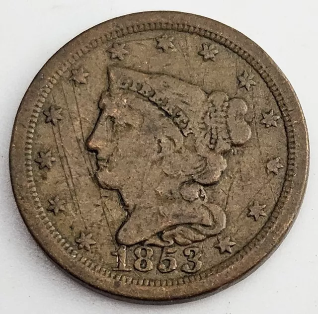 1853 Braided Hair Liberty Head Half Cent Penny 1/2c Old US Coin h483