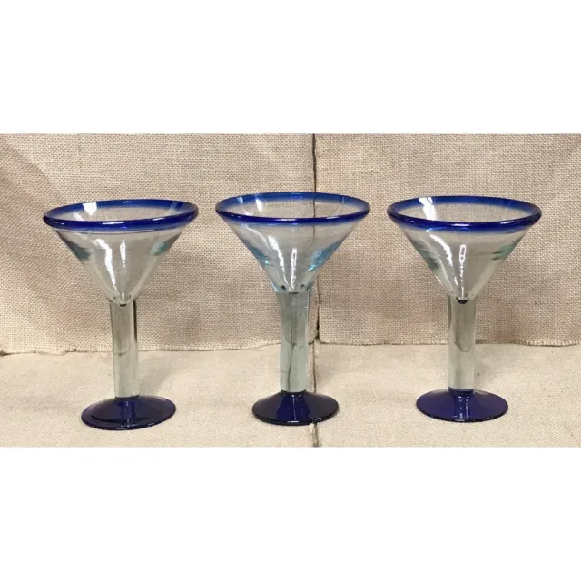 Hand Blown Art Glass Martini Set Of 3 Clear And Cobalt Blue Stemware