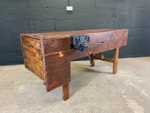 Vintage Distressed Pine Workbench with Vice and Cupboard. Kitchen Island Unit.