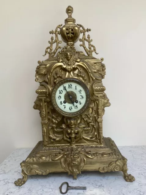 Antique Brass Gilt Metal And Porcelain Panel Mantle Clock, possibly French