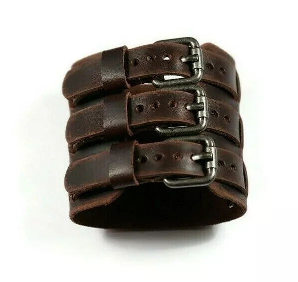 Wide cuff leather bracelet Distressed leather triple strap wide leather cuff