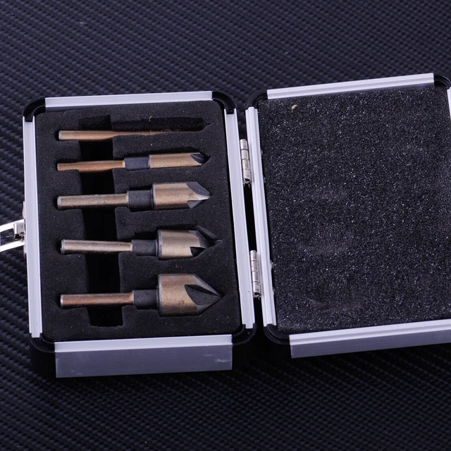 5pc Countersink Drill Bit Set Tri-Flat Shank Chamfer Cutter 1/4"- 3/4" Hex Shank