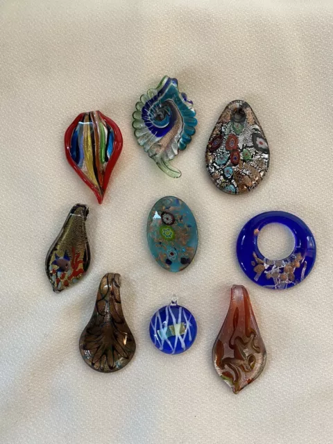 Hand Blown Art Glass Multicolor Dichroic Pendants Tear Drop Round Oval Set of 9