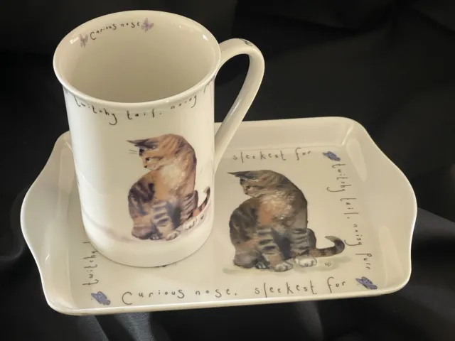 Kent Pottery Curious Cat Coffee Tea Cup Mug Tray Set Cat Lover Porcelain