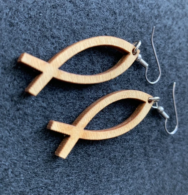 Fish Earrings Christian Symbol Jewelry Ichthys Ichthus Dangle 1.5 in Brown Wood
