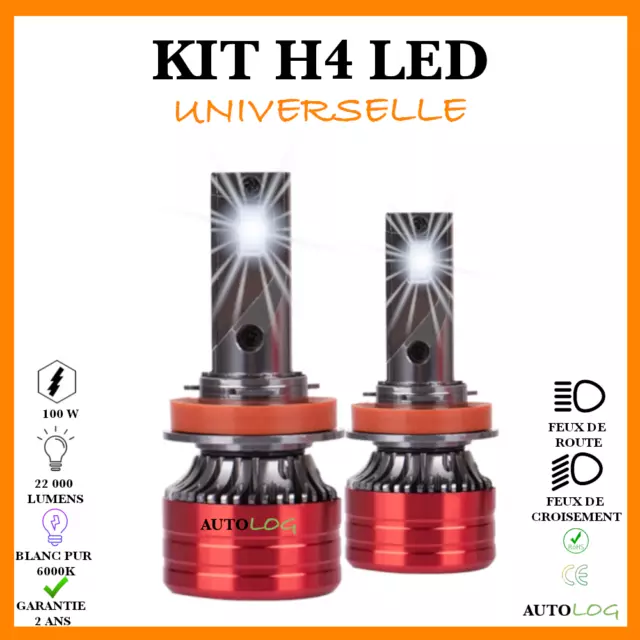 KIT 2x AMPOULES LED H4 UNIVERSELLE 100W