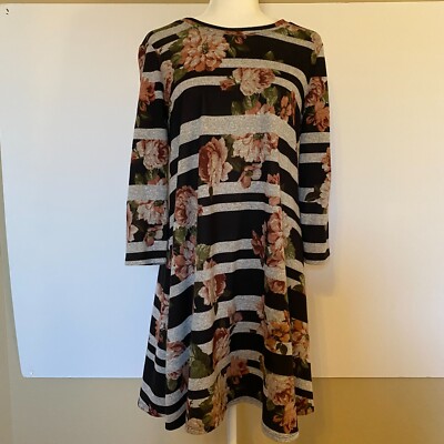  Fortune + Ivy Black & Gray Striped Floral Dress Long Sleeve Medium M