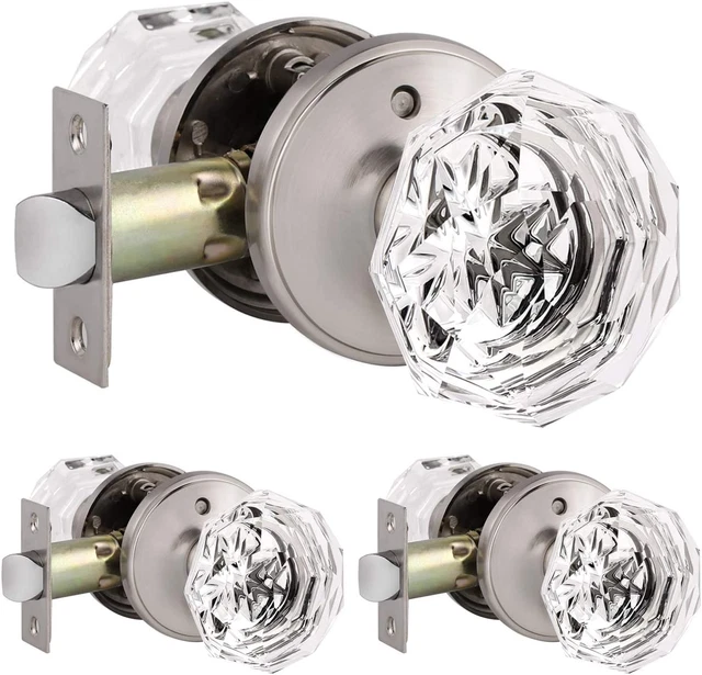 3 Pack Genuine Crystal Privacy Door Knobs for Bed/Bath, Interior Door Handles Sa