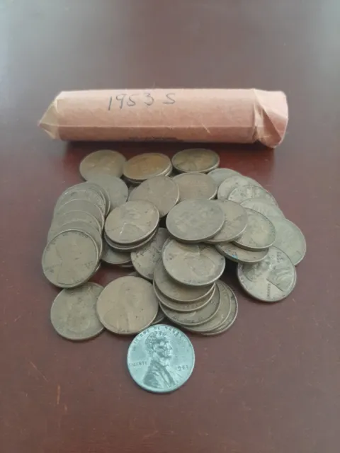 1953-S  Lincoln Wheat Cent  Roll 50 Coins With Bonus 1943 Steel Penny
