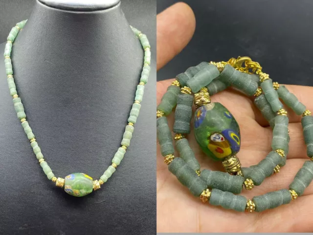 Scarce Ancient Phoenician  And Roman Glass  Lovely Greenish Colorful Necklace