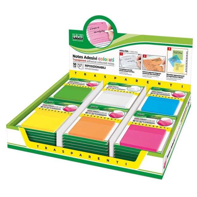 Blocchetto notes adesivo - 75 x 75 mm - colori traslucidi assortiti - Lebez - Bo