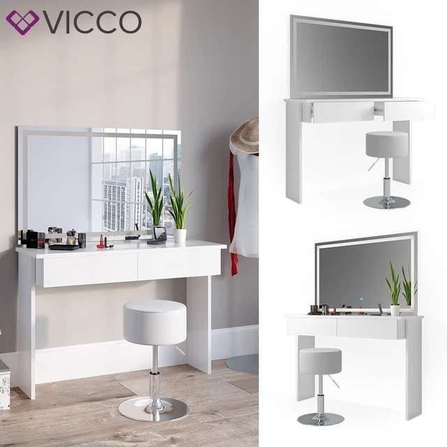 Coiffeuse Vicco Dekos Blanc Avec Miroir LED Et Tabouret - Ensemble Moderne Pour Chambre
