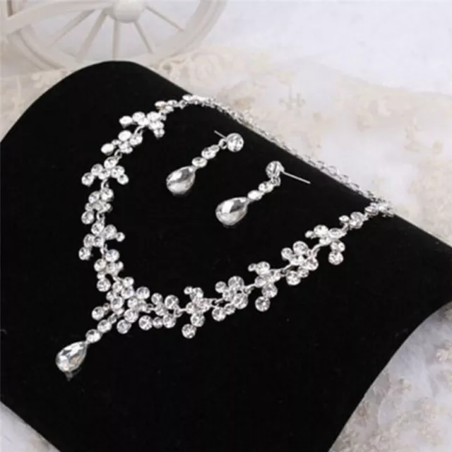 Women Silver Jewelry Sets Wedding Bridal Crystal Rhinestone Necklace Earring-DC