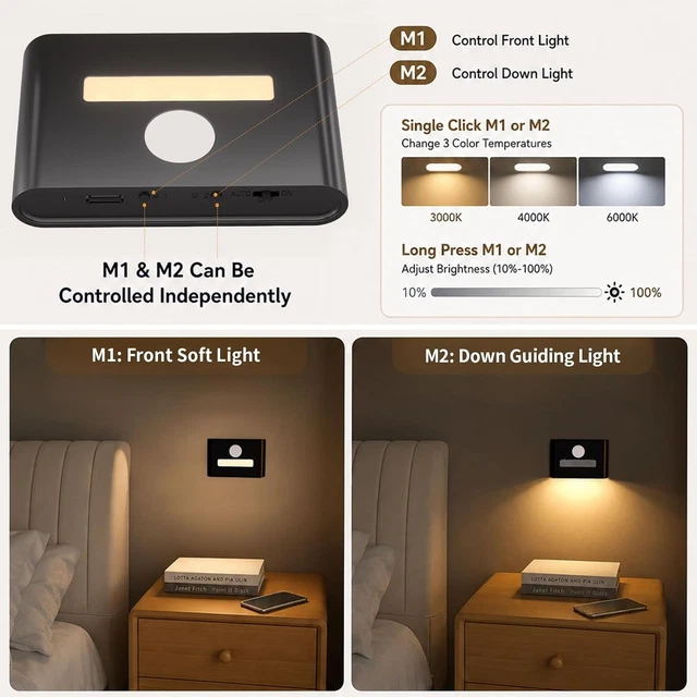 MOTION SENSOR NIGHT Light 3 Pack USB-C Rechargeable LED Stair Wall Lamp ...