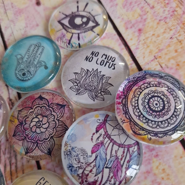 10 Boho Feather Hamsa Cabochons 16-25mm Mixed Round Glass Charm Dome Flat Back 3
