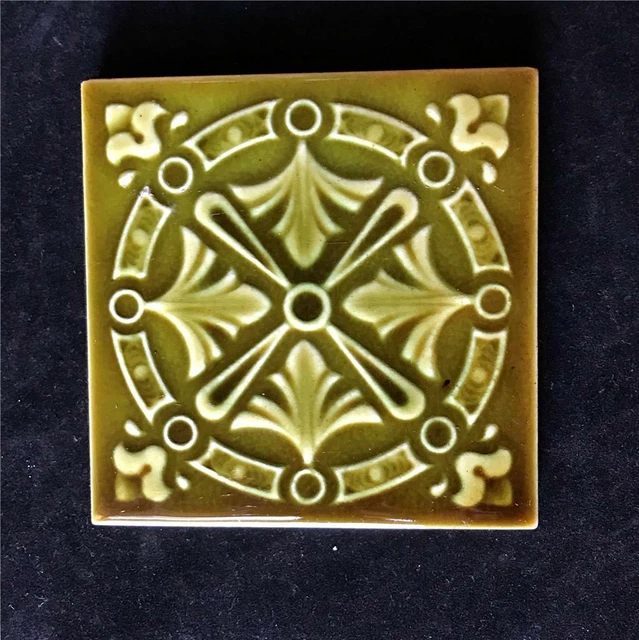 Antique American Encaustic Victorian 4 1/4"  Square Green Pottery Tile Ohio