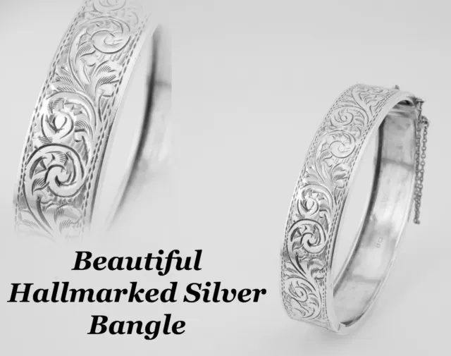 Beautiful hallmarked Silver Floral Engraved Hinged Bangle Chester 1941