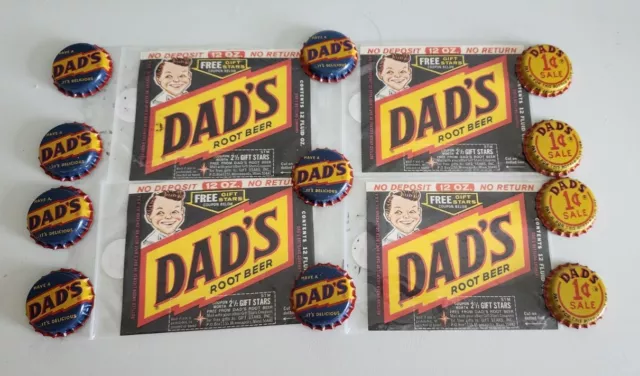 (4) 1960s DAD'S ROOT BEER Gift Stars Coupon 12 OZ & (11) Bottle Caps 1 Cent Lot