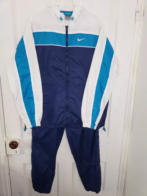 Nike Windbreaker Hooded Tracksuit Youth Large 12-14 Spellout Embroidered Blue