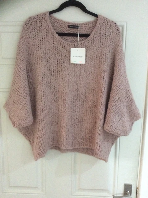 Maglione elasticizzato nuovo Made in Italy Lagenlook rosa lana e alpaca - taglia unica nuovo con etichette
