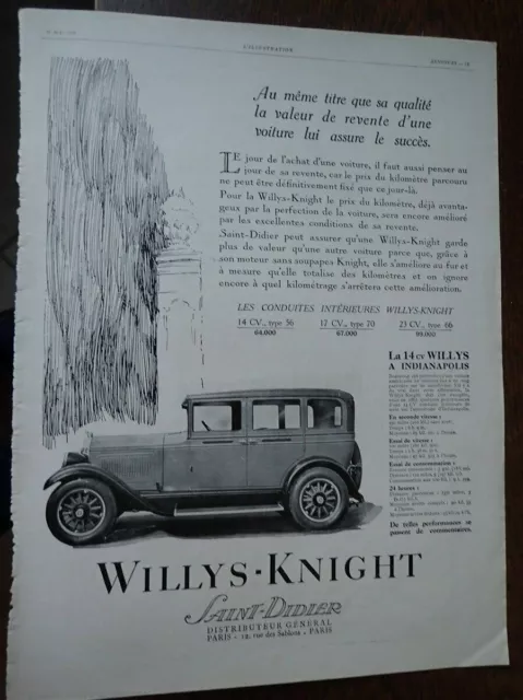 WILLYS KNIGHT 14 CV conduite intérieur INDIANAPOLIS pub papier ILLUSTRATION 1928