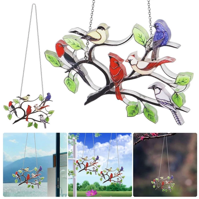 Metal Panel Birds Stained Glass Window Sun Catcher Hanging Home Decor Multicolor
