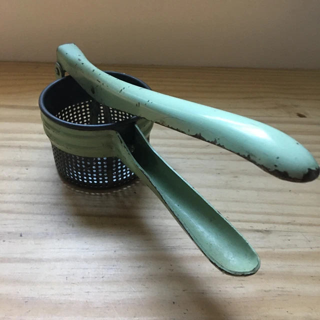 Vintage 1950s Green Handle Hand Press Strainer Juicer Ricer Potato Masher 11"L