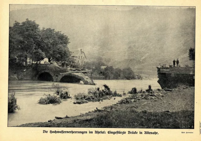 Hochwasserverheerungen im Ahrtal: Eingestürzte Brücke in Altenahr 1910