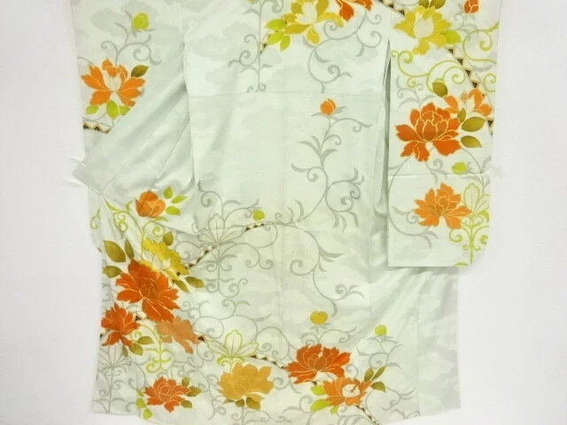 98709# Japanese Kimono / Antique Furisode / Embroidery / Flower Arabesque