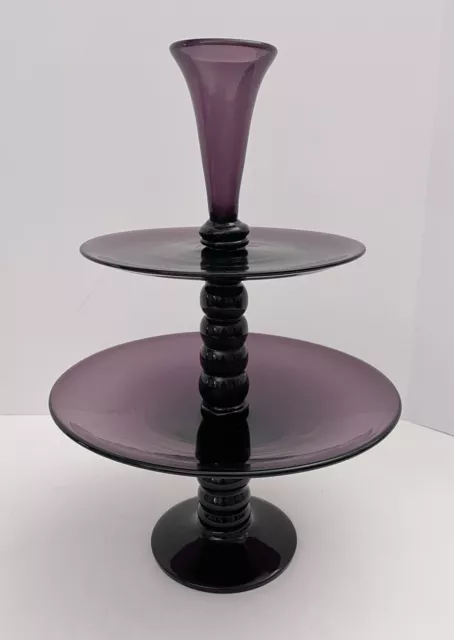 Unique Vintage Purple Amethyst Glass 2-Tier Serving Tray 15” Cupcake Server