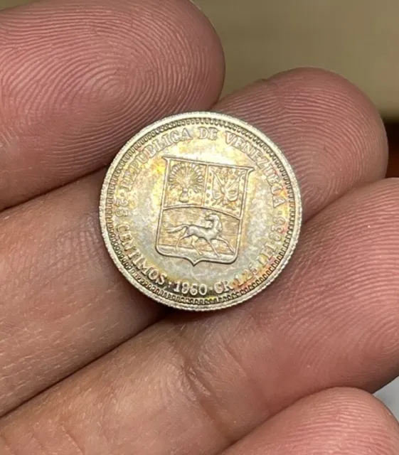 1960 Venezuela 25 Centimos Silver Coin Excellent Colorful Condition