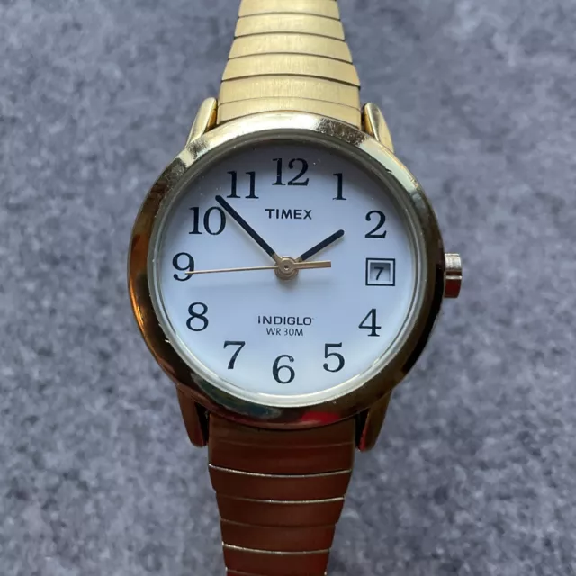 Timex Easy Reader Womens Watch Gold Tone Case White Dial Gold Expansion Band B-H