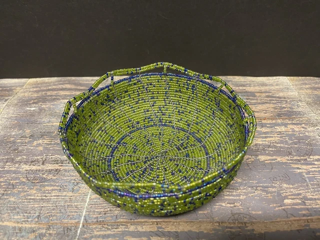 Maasai Beaded Basket Green and Blue Kenya African Art
